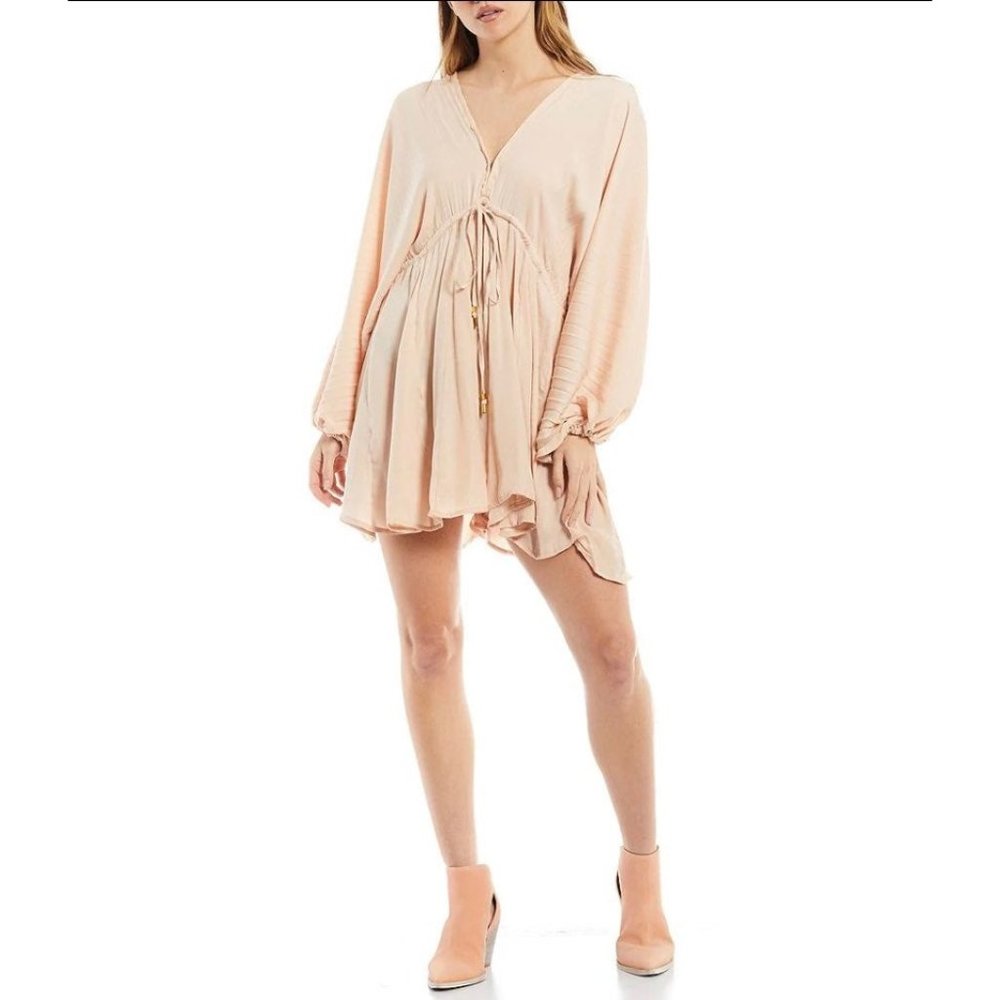 Free people Arzek Plunging V-Neck Tie Waist Long Balloon Sleeve Mini Dress